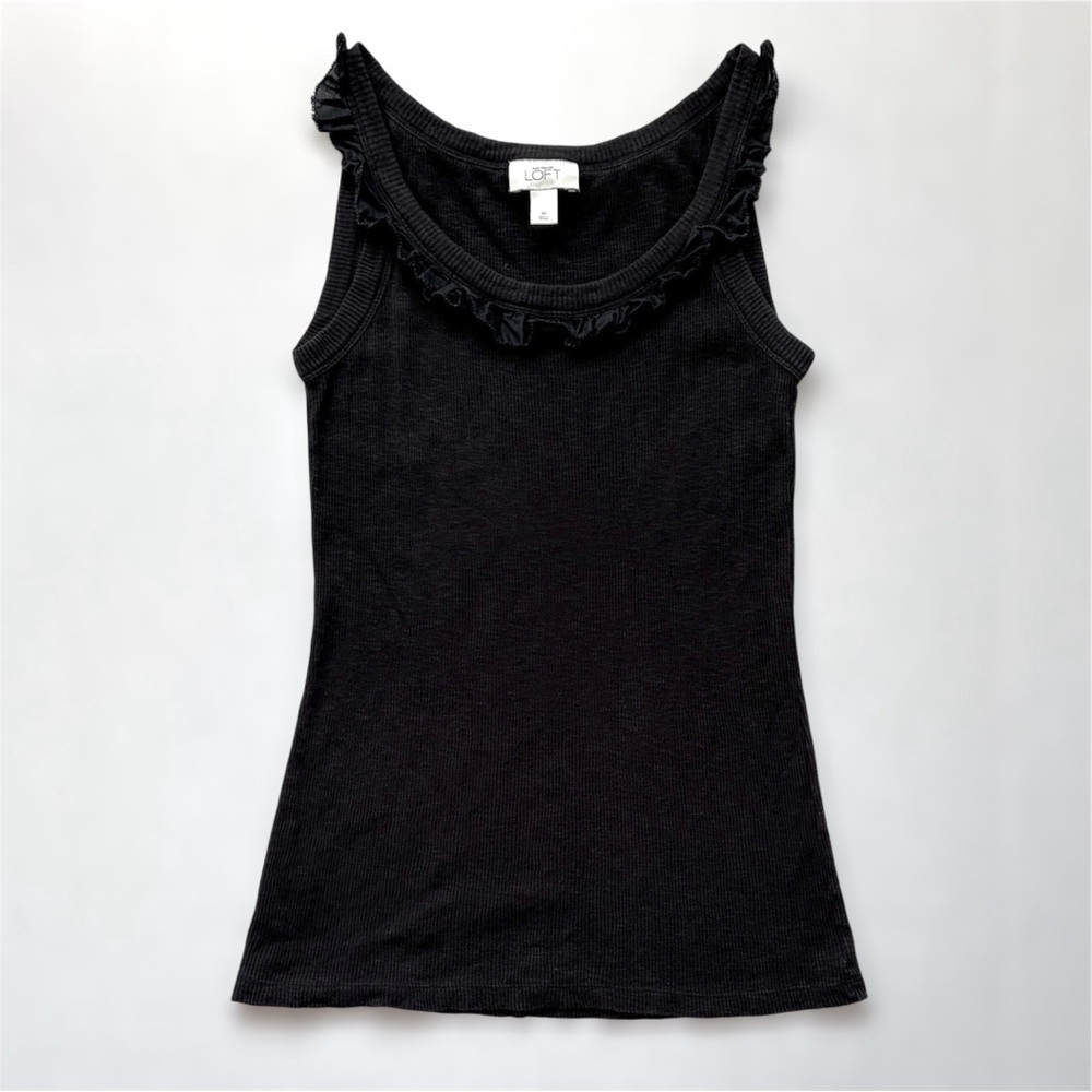 LOFT Perfect Ribbed Scoop Neck Tank Top with Ruffle Detail
